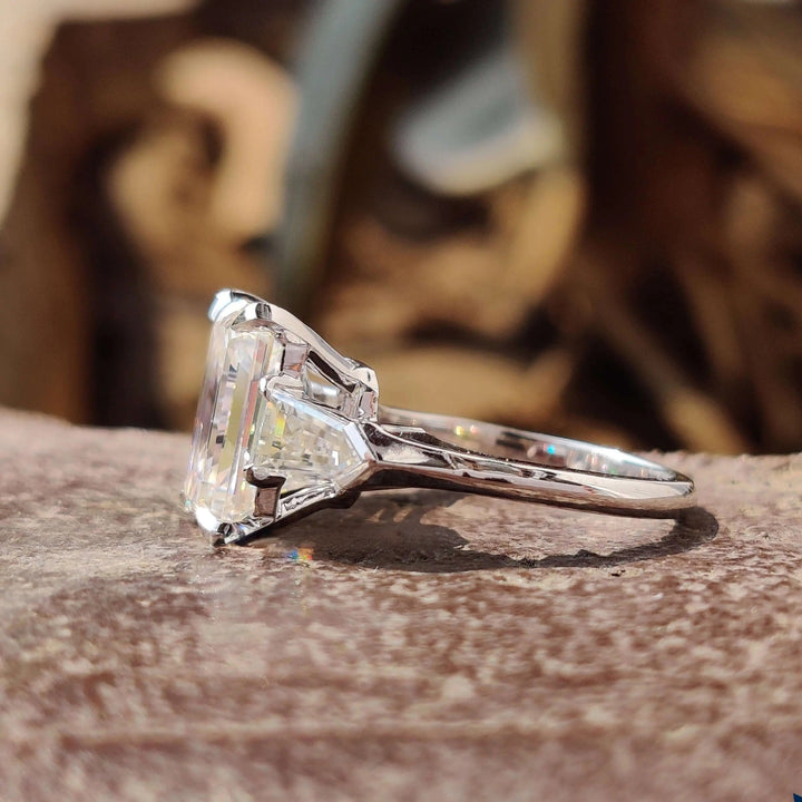 Moissanite Ring - Elegant Three-Stone Engagement Ring with Emerald Cut
