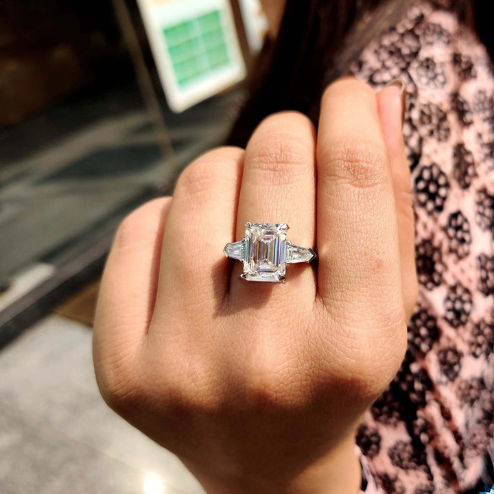 Moissanite Ring - Elegant Three-Stone Engagement Ring with Emerald Cut