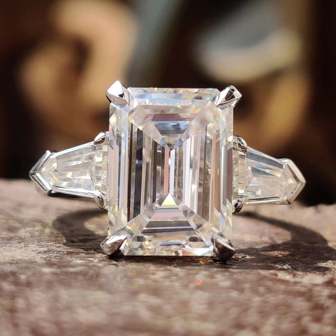 Moissanite Ring - Elegant Three-Stone Engagement Ring with Emerald Cut
