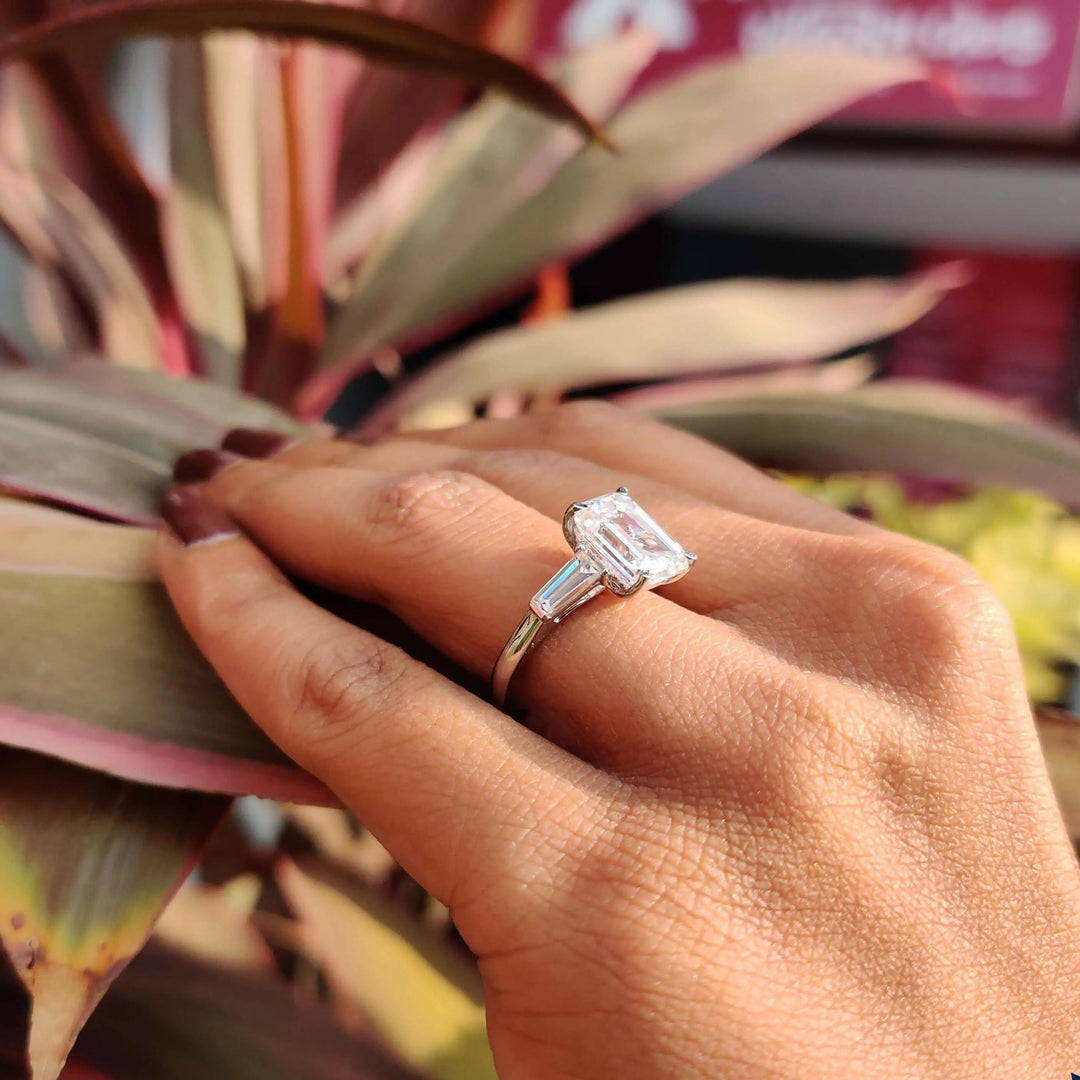 Moissanite Ring - Stunning Three Stone Emerald Cut Engagement Ring