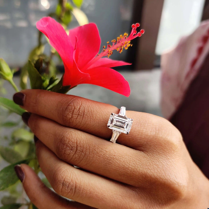Moissanite Ring - Stunning Three Stone Emerald Cut Engagement Ring