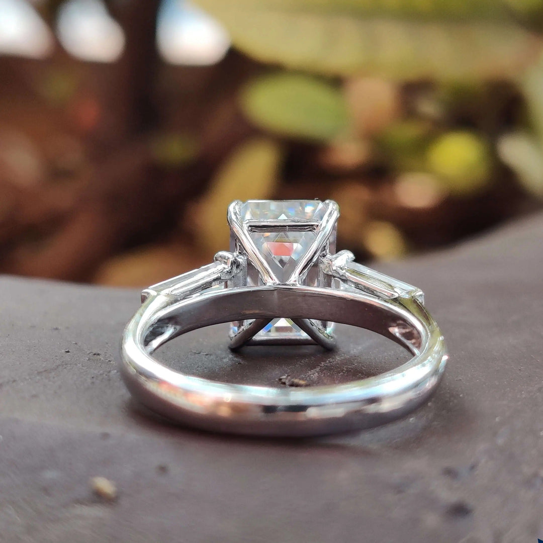 Moissanite Ring - Stunning Three Stone Emerald Cut Engagement Ring