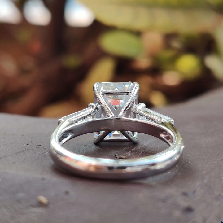 Moissanite Ring - Stunning Three Stone Emerald Cut Engagement Ring