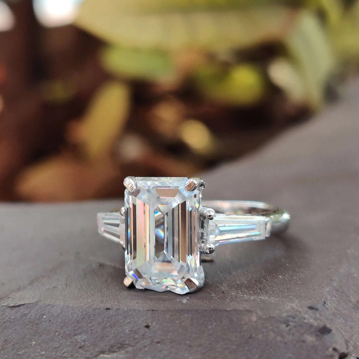 Moissanite Ring - Stunning Three Stone Emerald Cut Engagement Ring