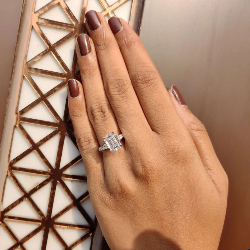 Moissanite Ring - Stunning Three Stone Emerald Cut Engagement Ring