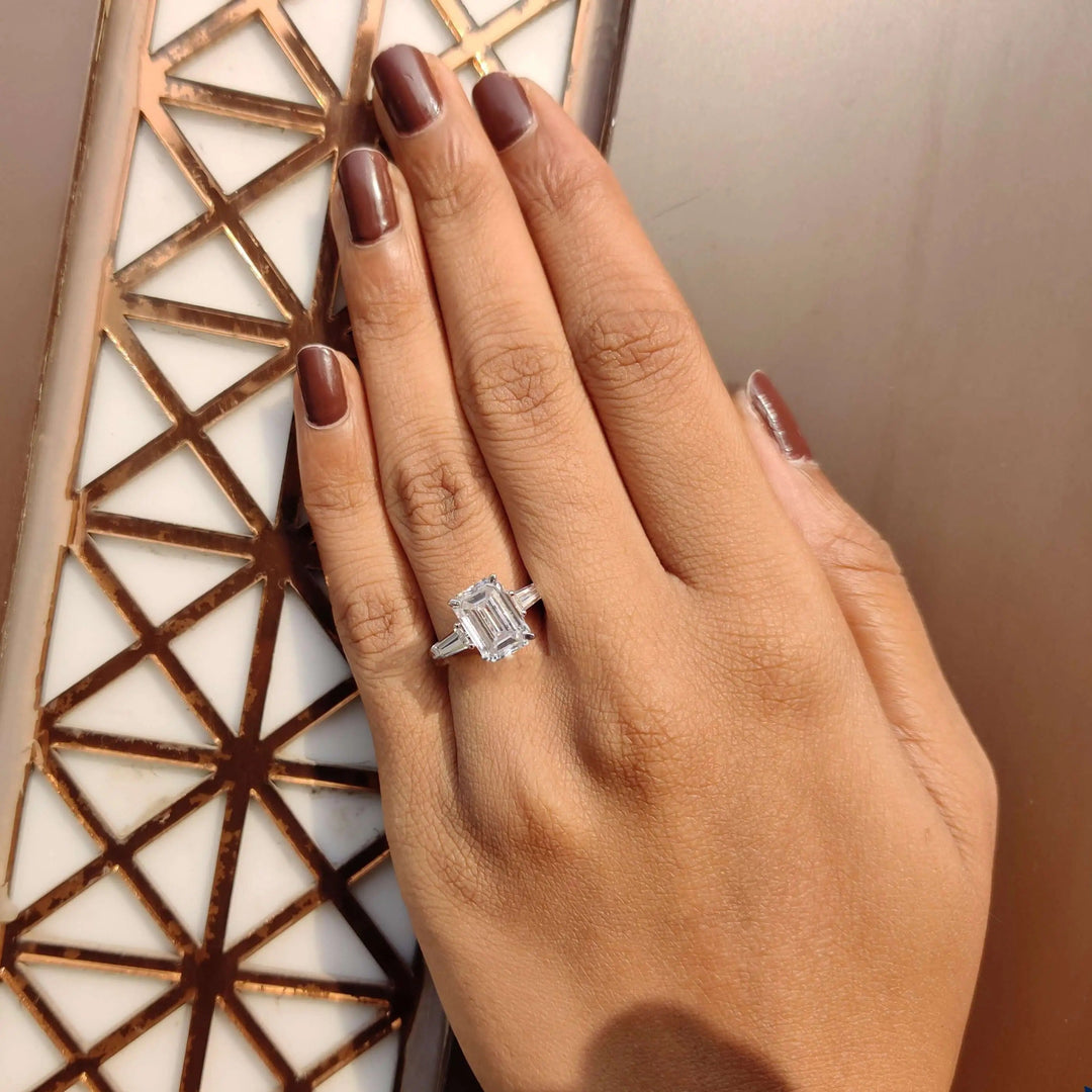 Moissanite Ring - Stunning Three Stone Emerald Cut Engagement Ring