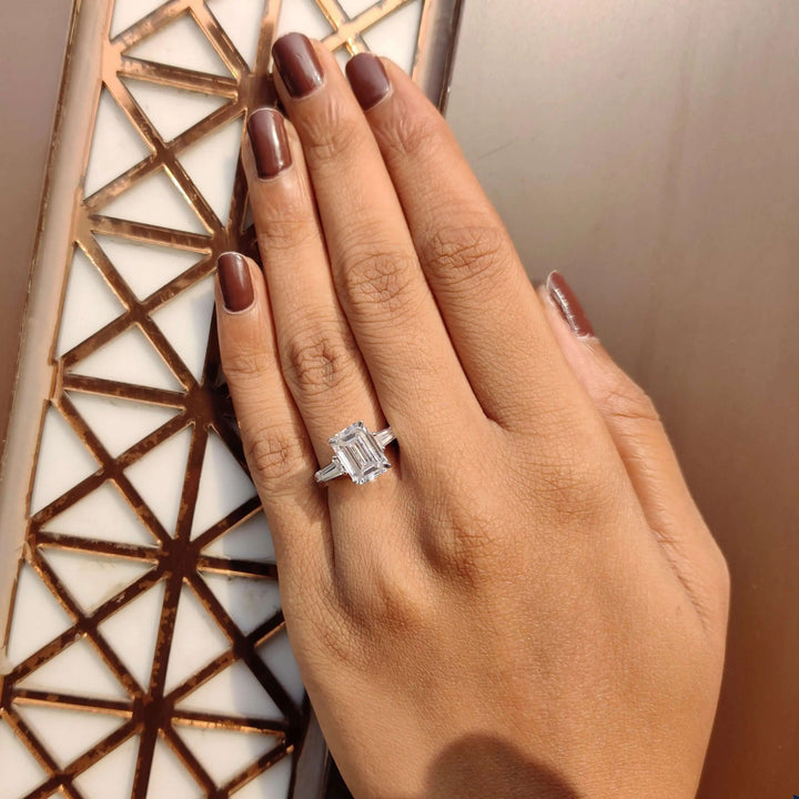 Moissanite Ring - Stunning Three Stone Emerald Cut Engagement Ring