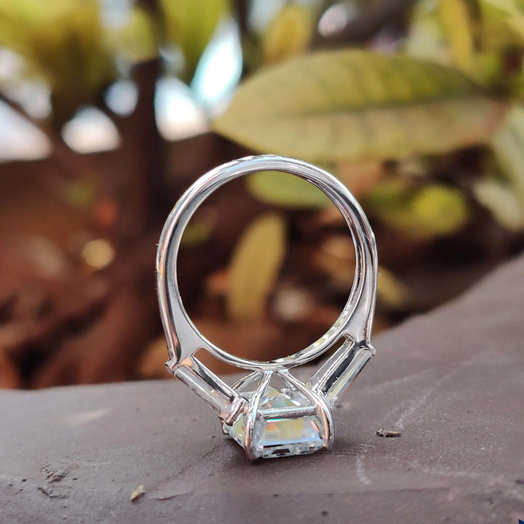 Moissanite Ring - Stunning Three Stone Emerald Cut Engagement Ring