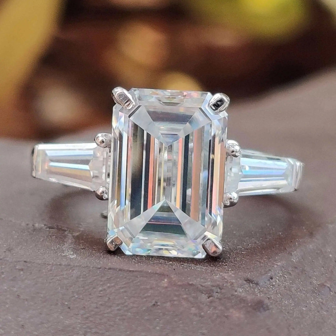 Moissanite Ring - Stunning Three Stone Emerald Cut Engagement Ring