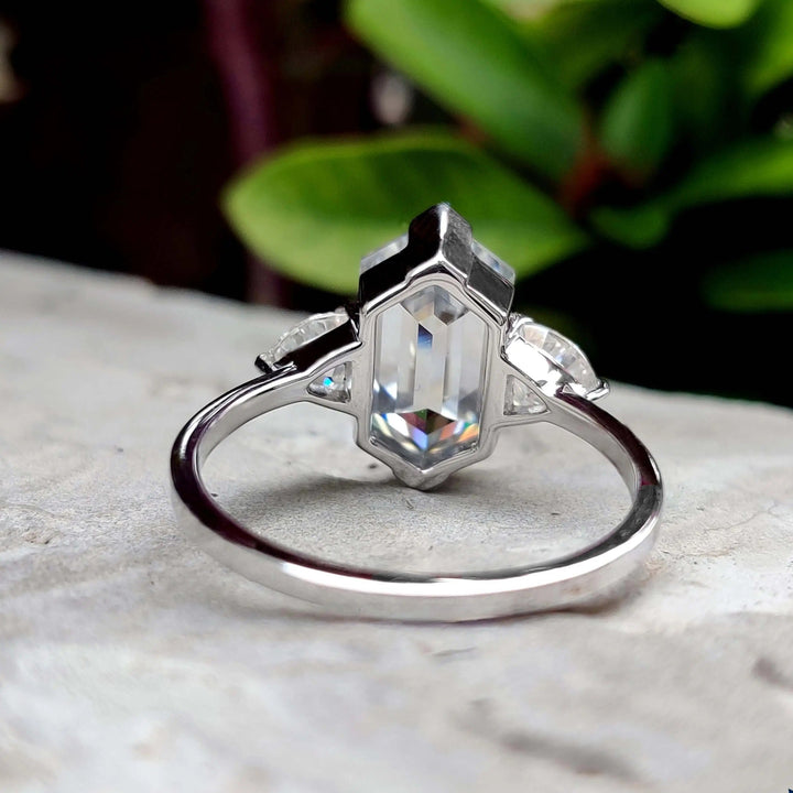 Moissanite Ring - Classic Petite Three-Stone Hexagon Engagement Ring