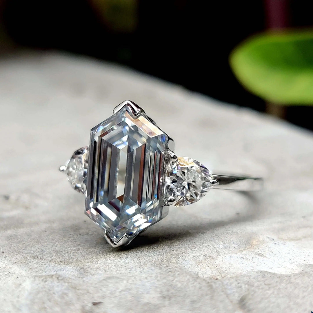Moissanite Ring - Classic Petite Three-Stone Hexagon Engagement Ring