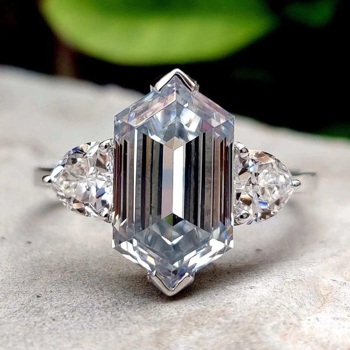 Moissanite Ring - Classic Petite Three-Stone Hexagon Engagement Ring