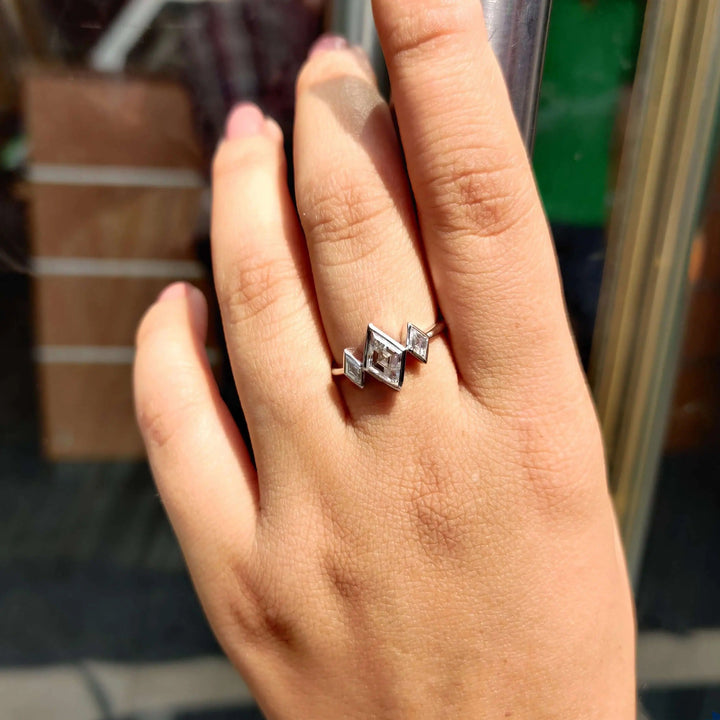 Moissanite Ring - Unique Bezel Set Three Stones Engagement Ring
