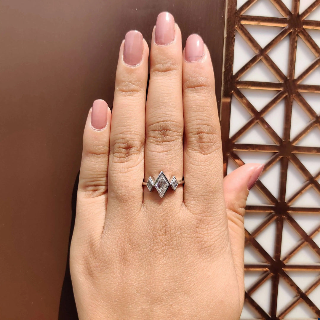 Moissanite Ring - Unique Bezel Set Three Stones Engagement Ring