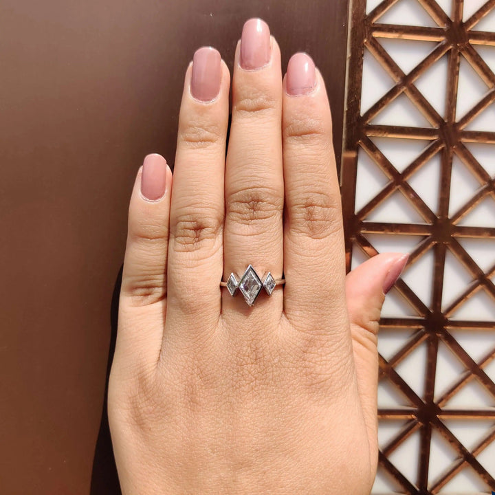 Moissanite Ring - Unique Bezel Set Three Stones Engagement Ring