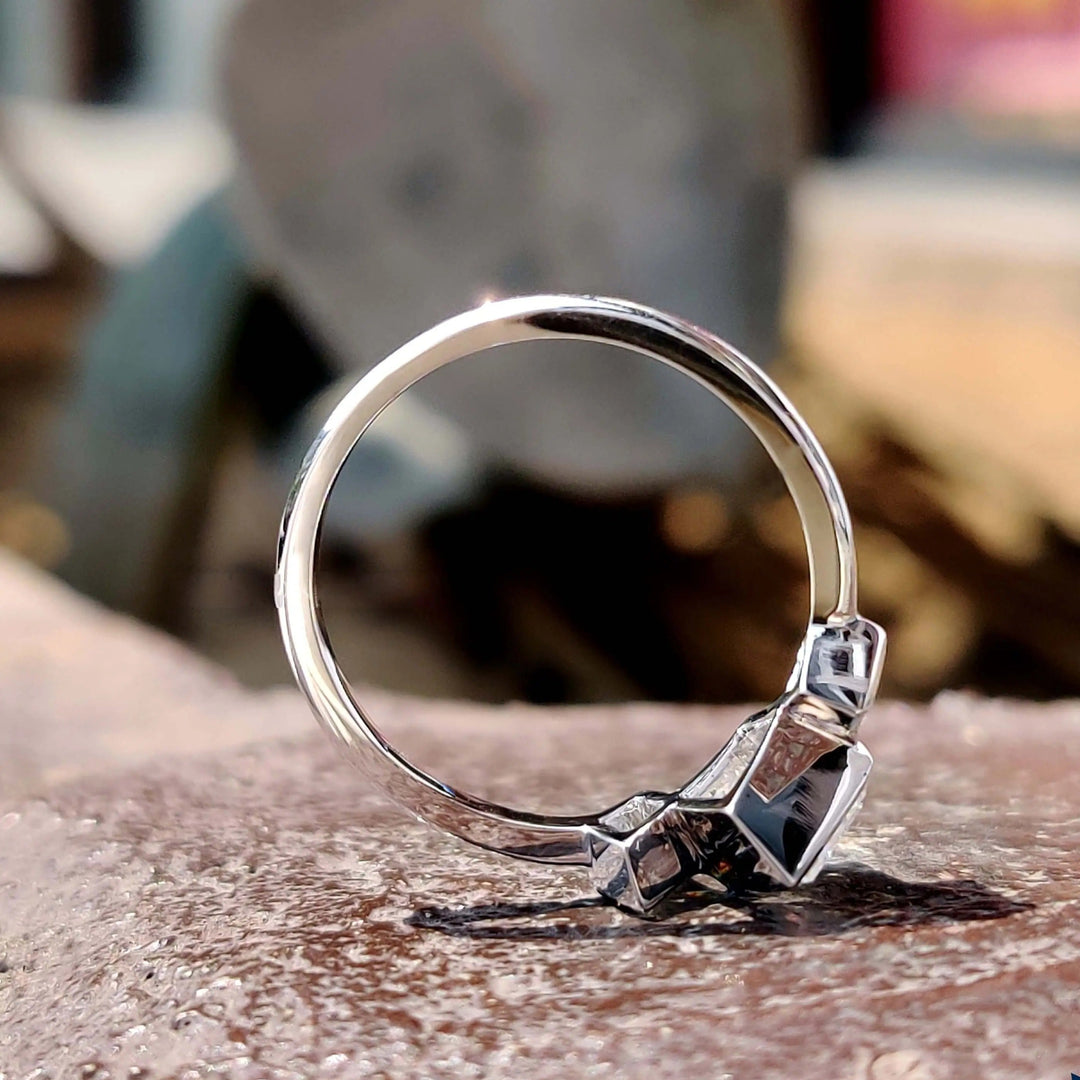 Moissanite Ring - Unique Bezel Set Three Stones Engagement Ring
