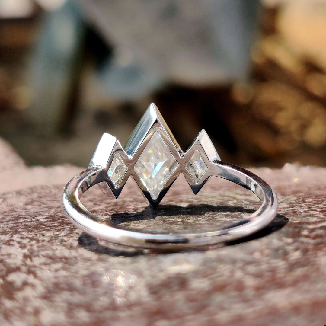 Moissanite Ring - Unique Bezel Set Three Stones Engagement Ring
