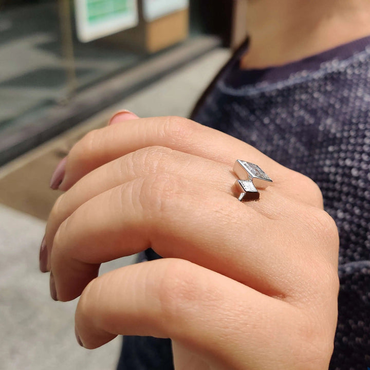 Moissanite Ring - Unique Bezel Set Three Stones Engagement Ring