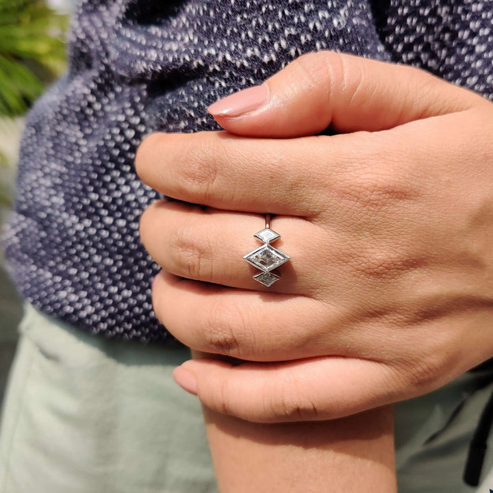 Moissanite Ring - Unique Bezel Set Three Stones Engagement Ring