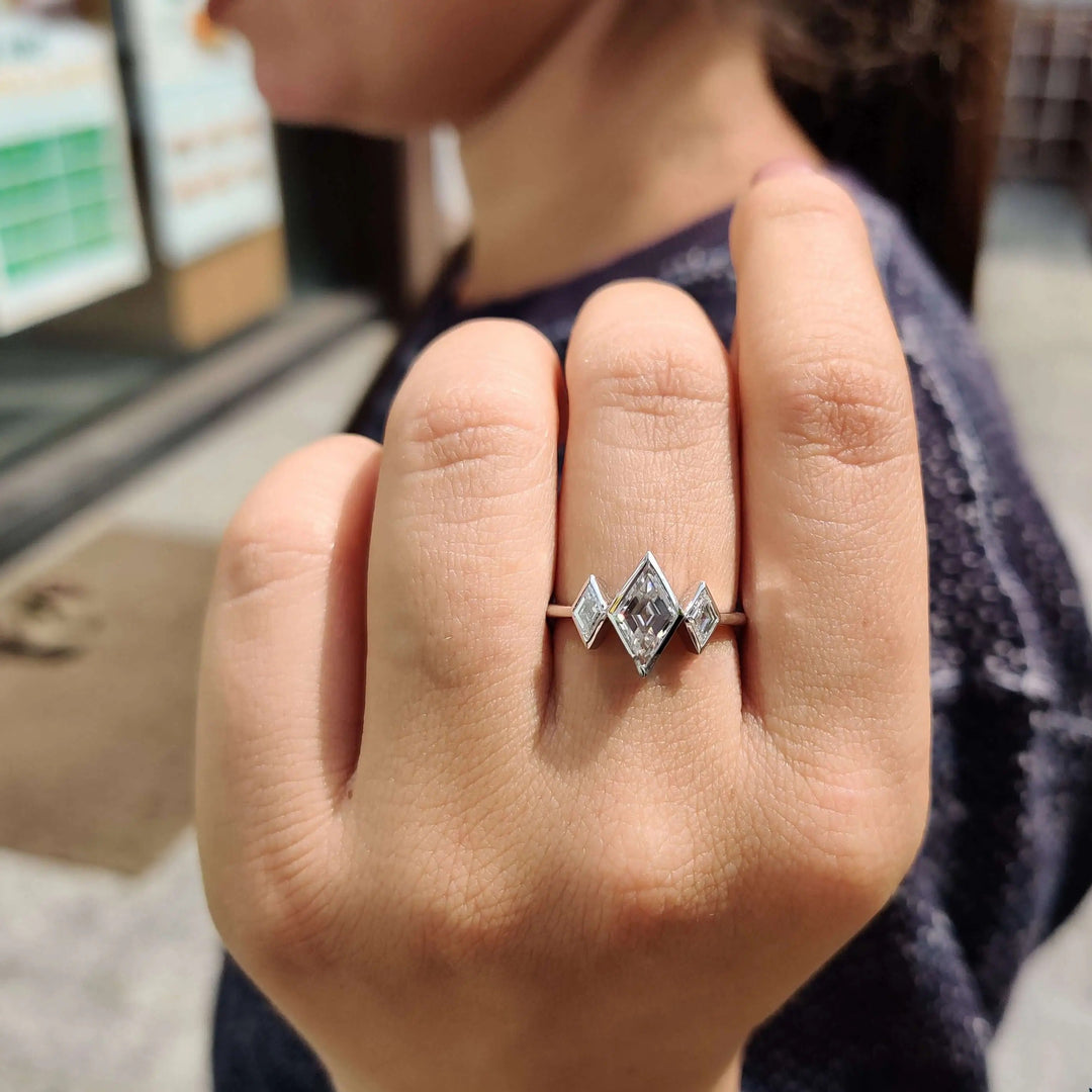 Moissanite Ring - Unique Bezel Set Three Stones Engagement Ring