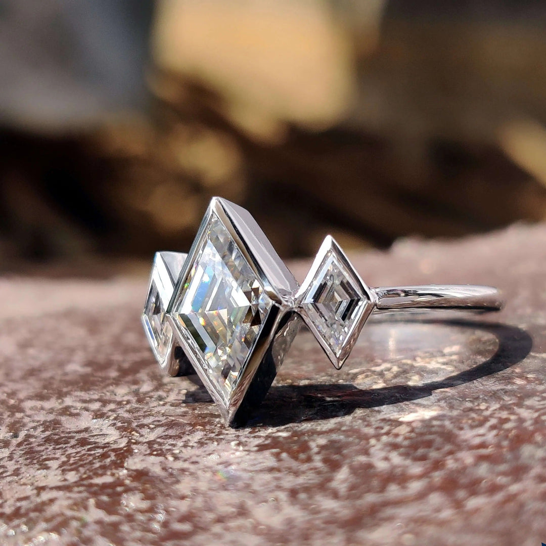Moissanite Ring - Unique Bezel Set Three Stones Engagement Ring