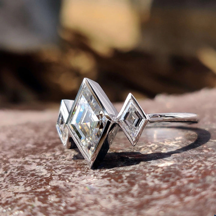 Moissanite Ring - Unique Bezel Set Three Stones Engagement Ring
