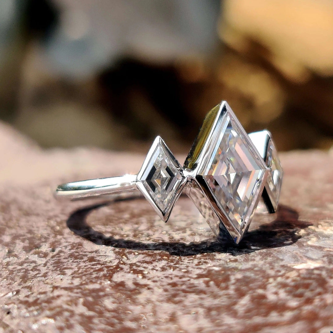Moissanite Ring - Unique Bezel Set Three Stones Engagement Ring