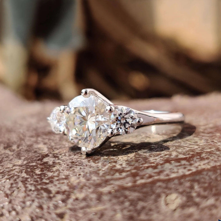 Moissanite Ring - Classic Three-Stone Round Cut Engagement Ring