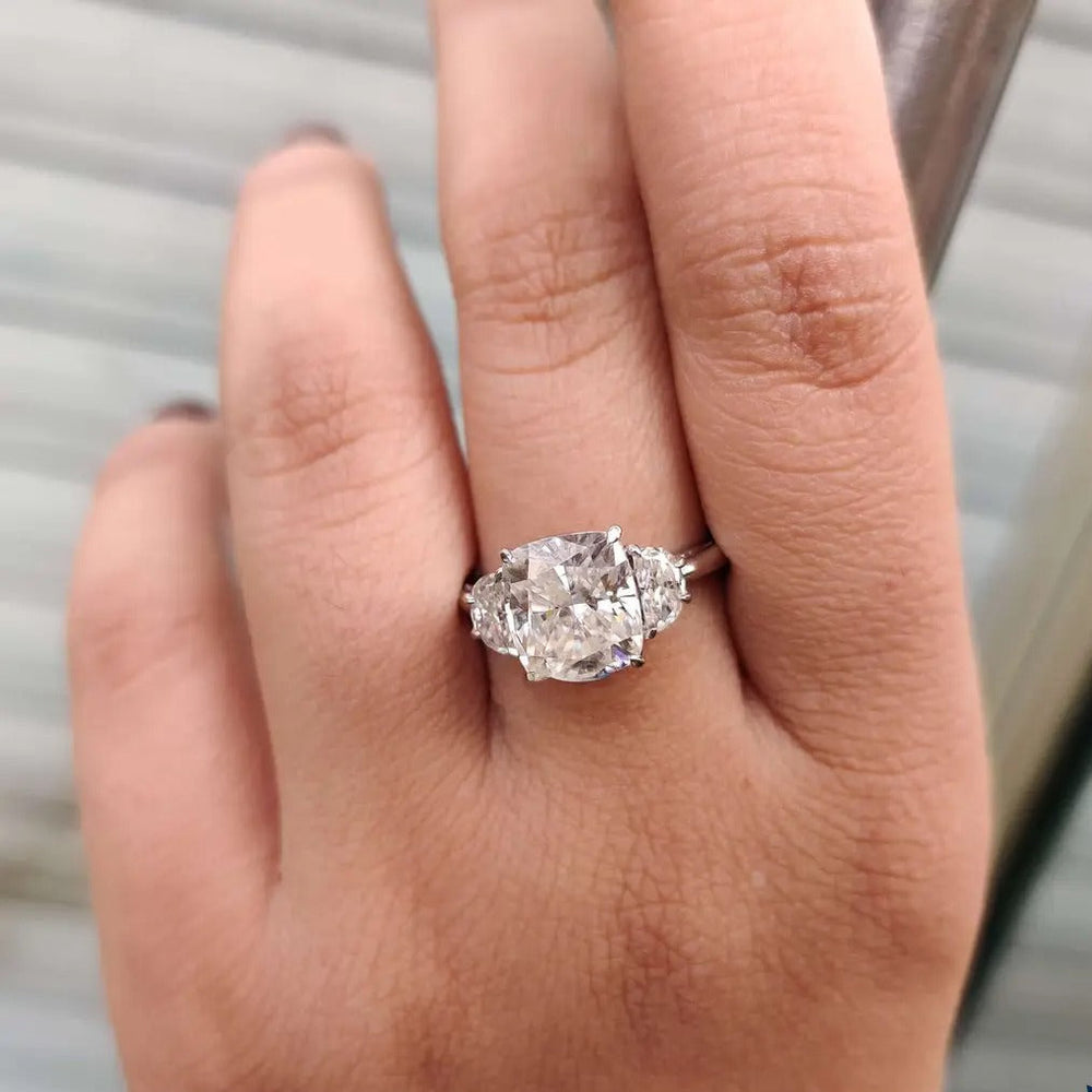 Moissanite Ring - Gorgeous Three-Stone Cushion Cut Engagement Ring