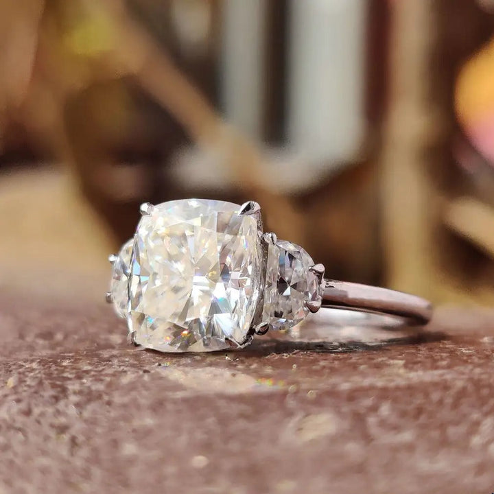 Moissanite Ring - Gorgeous Three-Stone Cushion Cut Engagement Ring
