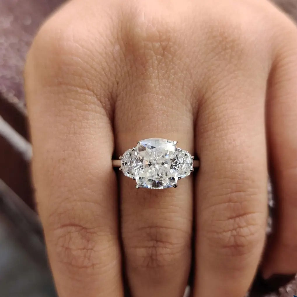Moissanite Ring - Gorgeous Three-Stone Cushion Cut Engagement Ring