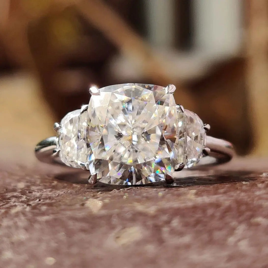 Moissanite Ring - Gorgeous Three-Stone Cushion Cut Engagement Ring