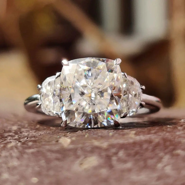 Moissanite Ring - Gorgeous Three-Stone Cushion Cut Engagement Ring
