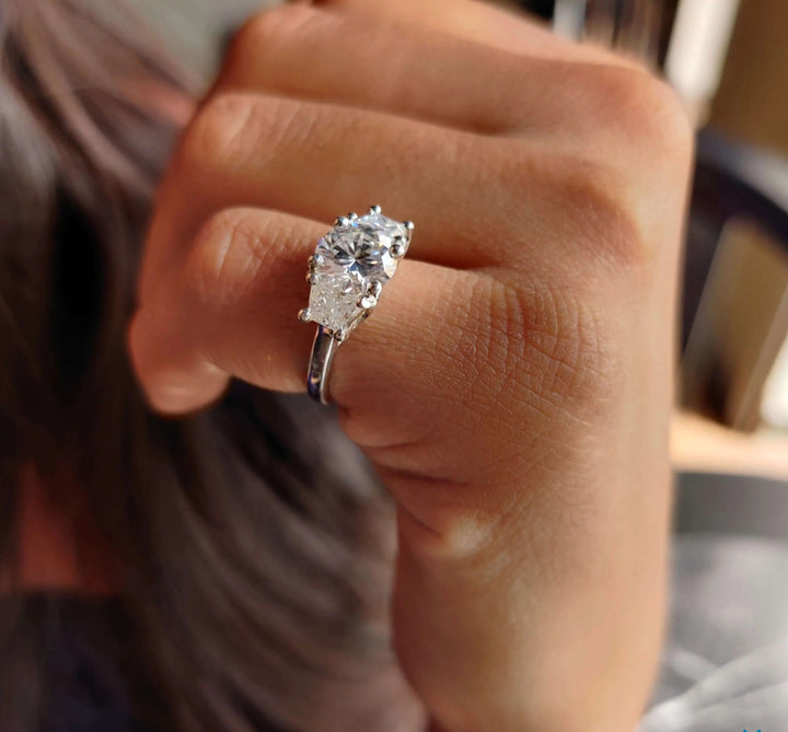 Moissanite Ring - Elegant Three Stone Round Cut Engagement Ring