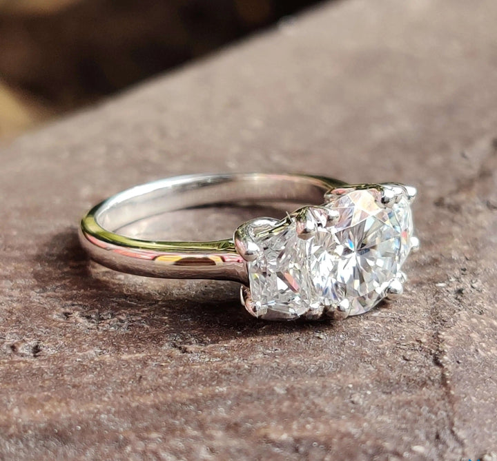 Moissanite Ring - Elegant Three Stone Round Cut Engagement Ring