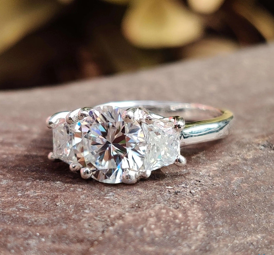 Moissanite Ring - Elegant Three Stone Round Cut Engagement Ring