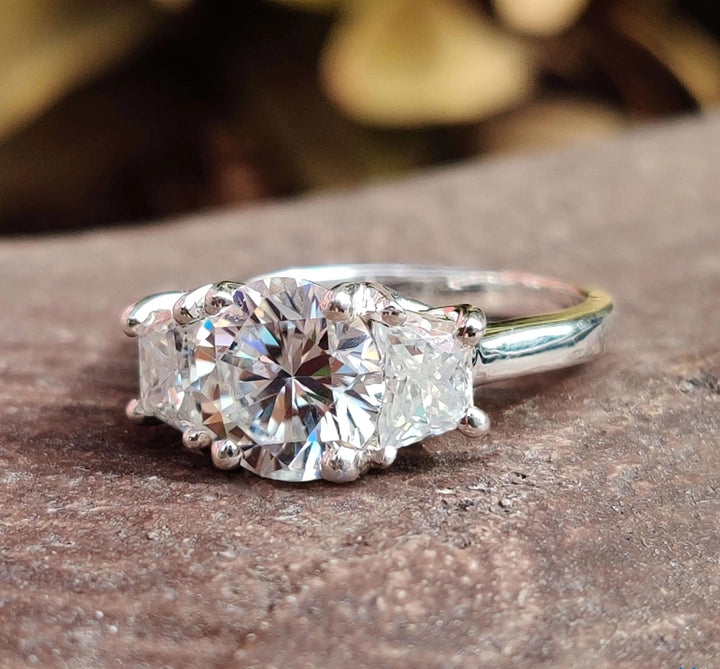Moissanite Ring - Elegant Three Stone Round Cut Engagement Ring