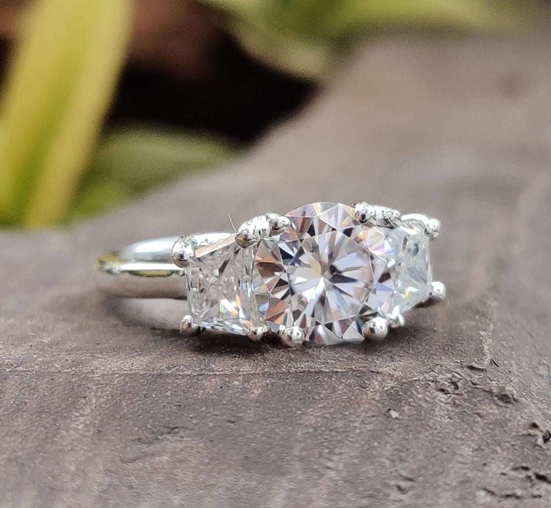 Moissanite Ring - Elegant Three Stone Round Cut Engagement Ring