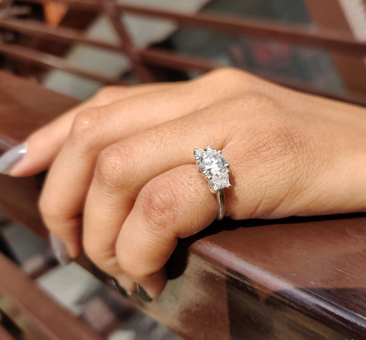 Moissanite Ring - Elegant Three Stone Round Cut Engagement Ring