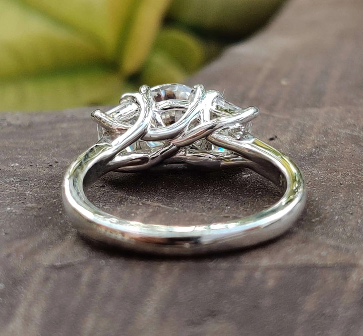 Moissanite Ring - Elegant Three Stone Round Cut Engagement Ring