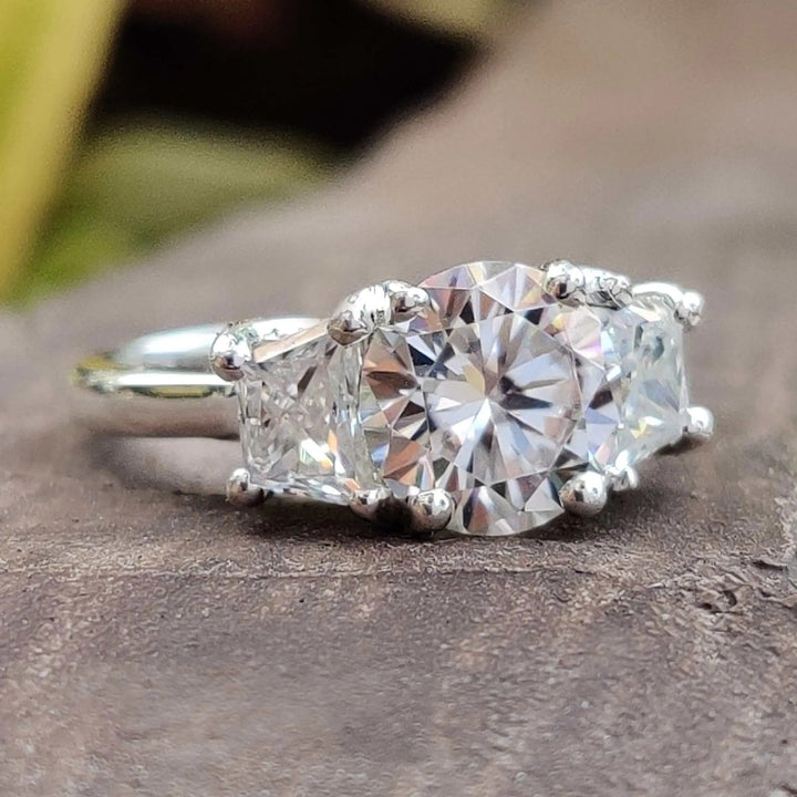 Moissanite Ring - Elegant Three Stone Round Cut Engagement Ring