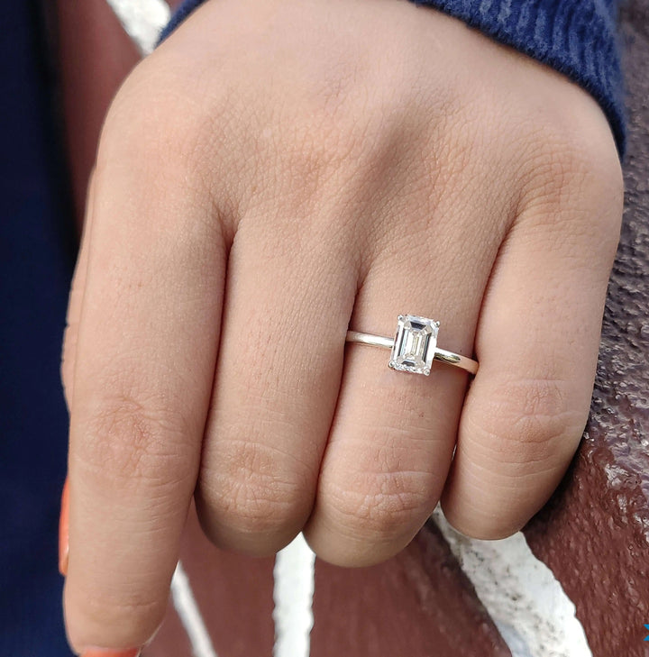 Moissanite Ring - Elegant Emerald Cut Engagement Ring