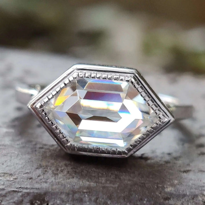 Moissanite Ring - Elegant Hexagon Engagement Ring with Milgrain Bezel