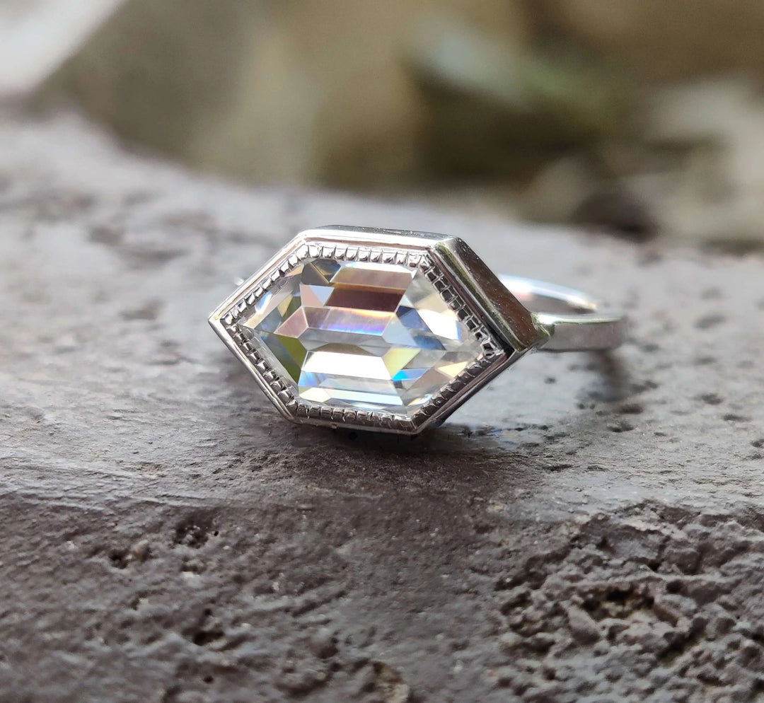 Moissanite Ring - Elegant Hexagon Engagement Ring with Milgrain Bezel