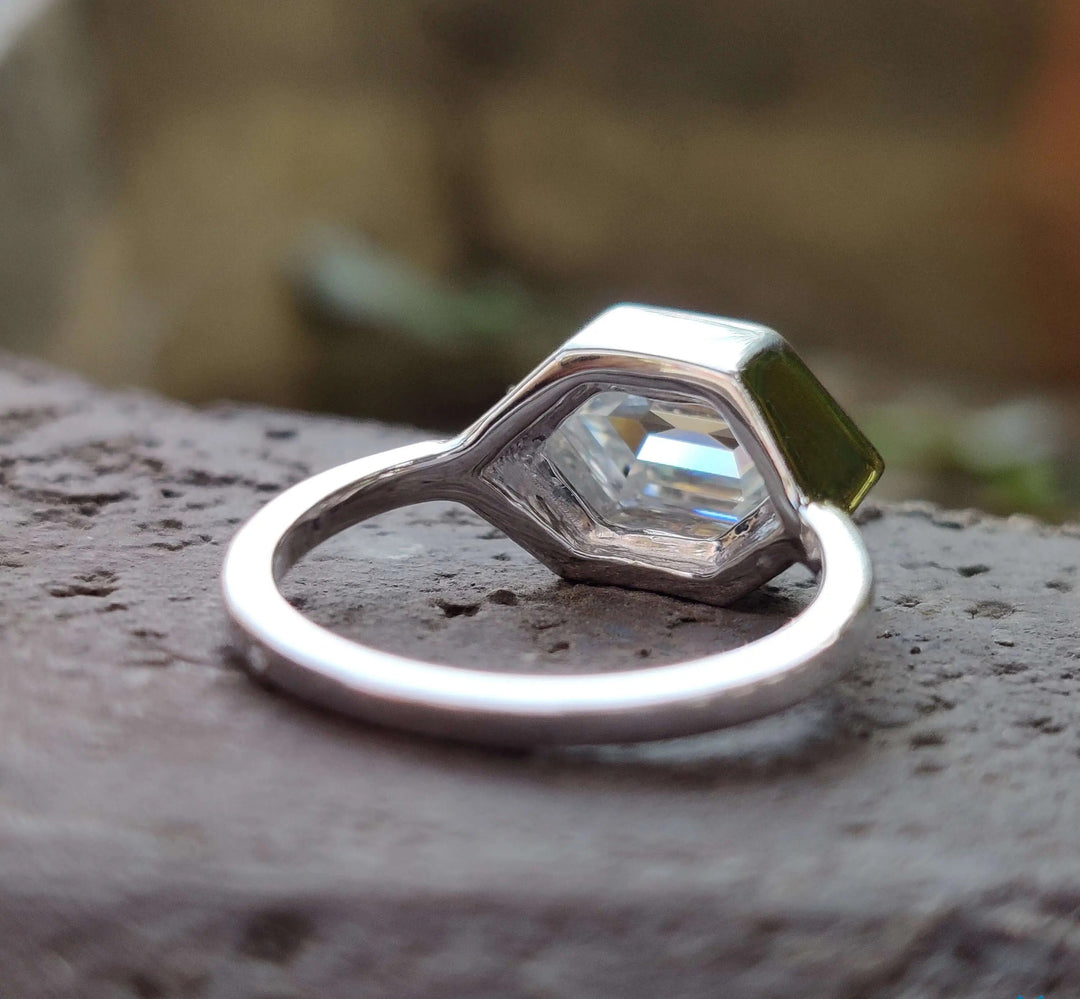 Moissanite Ring - Elegant Hexagon Engagement Ring with Milgrain Bezel