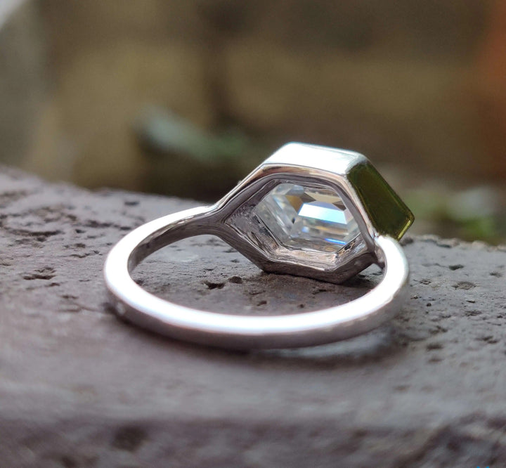 Moissanite Ring - Elegant Hexagon Engagement Ring with Milgrain Bezel