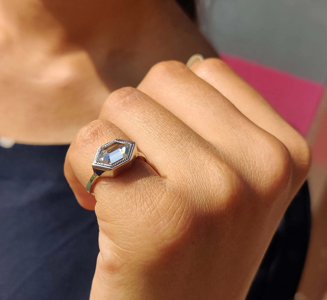 Moissanite Ring - Elegant Hexagon Engagement Ring with Milgrain Bezel