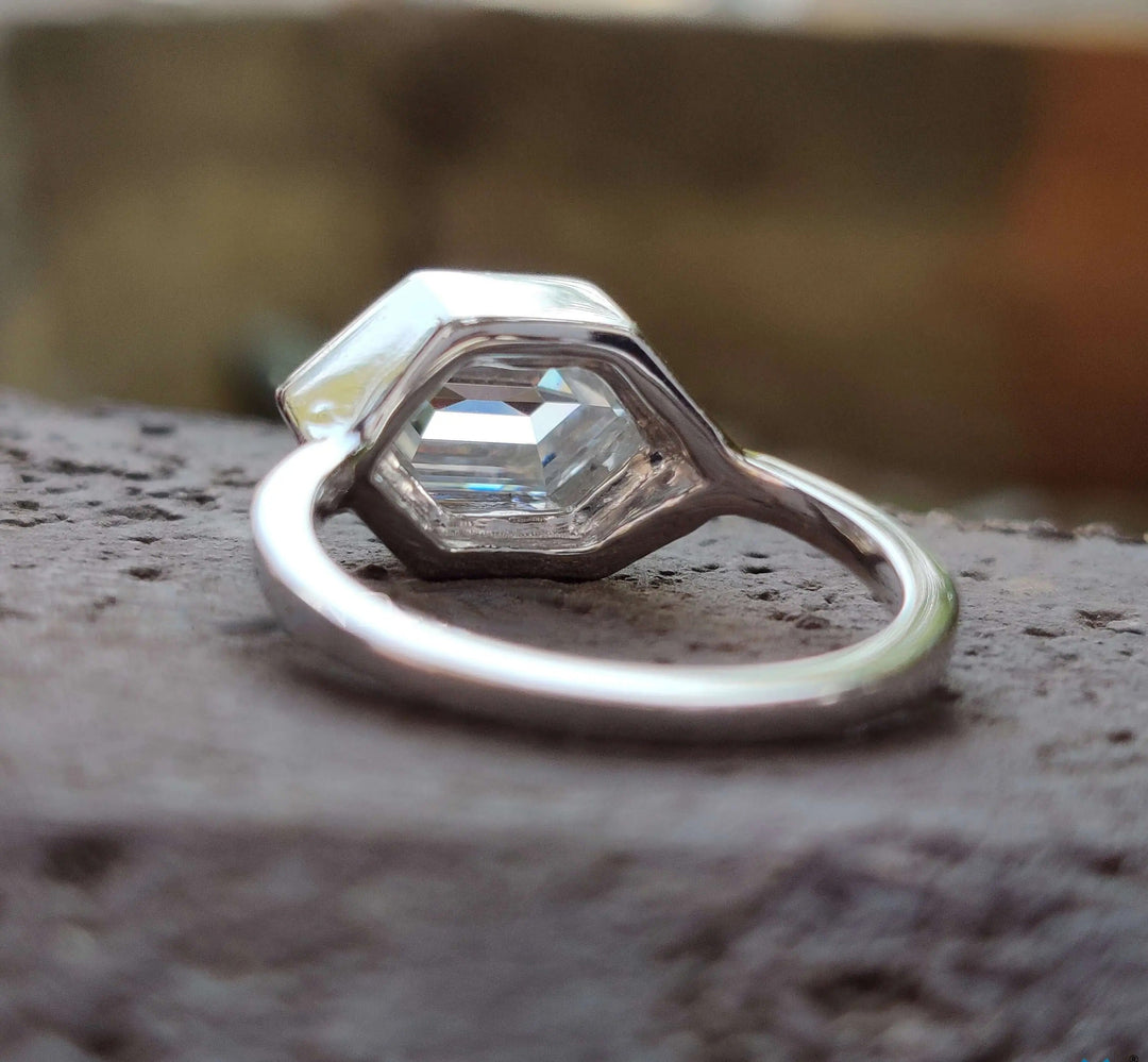 Moissanite Ring - Elegant Hexagon Engagement Ring with Milgrain Bezel