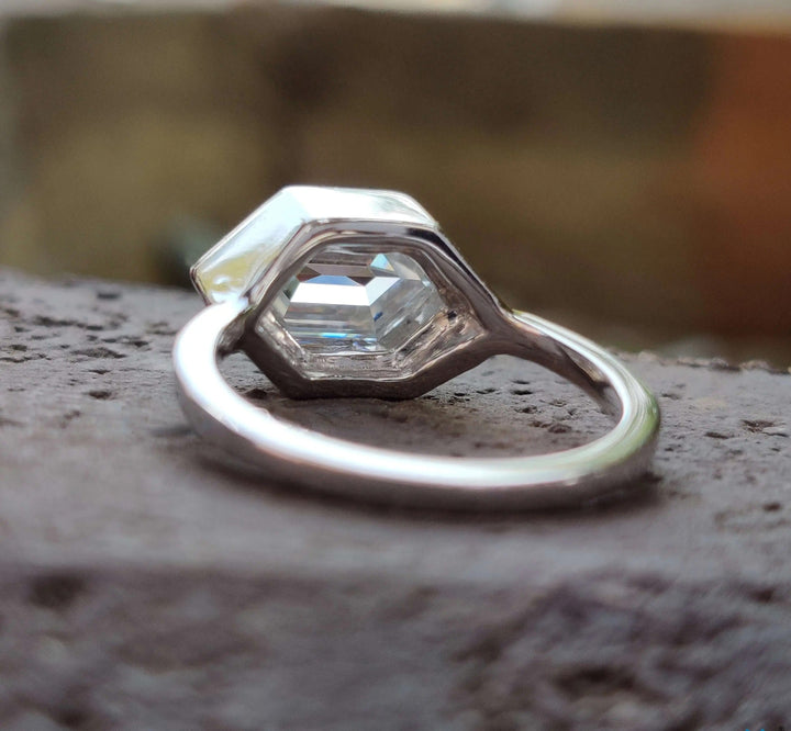 Moissanite Ring - Elegant Hexagon Engagement Ring with Milgrain Bezel