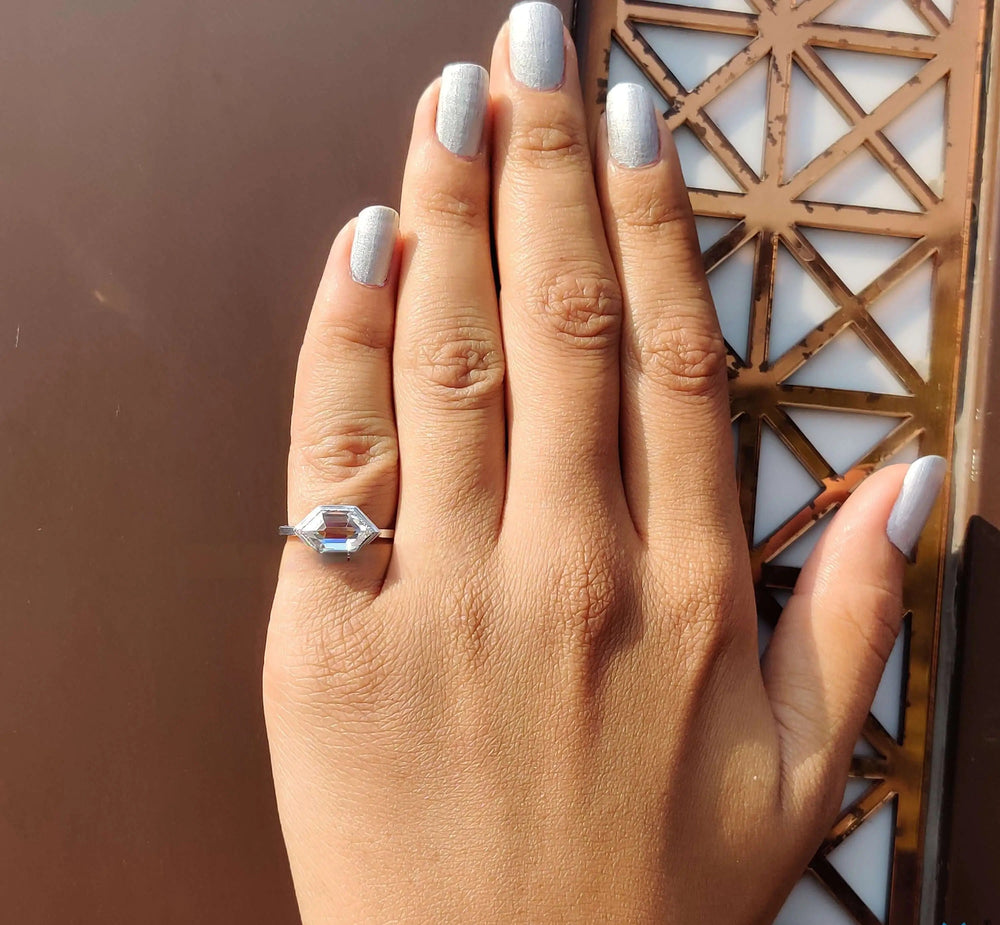 Moissanite Ring - Elegant Hexagon Engagement Ring with Milgrain Bezel